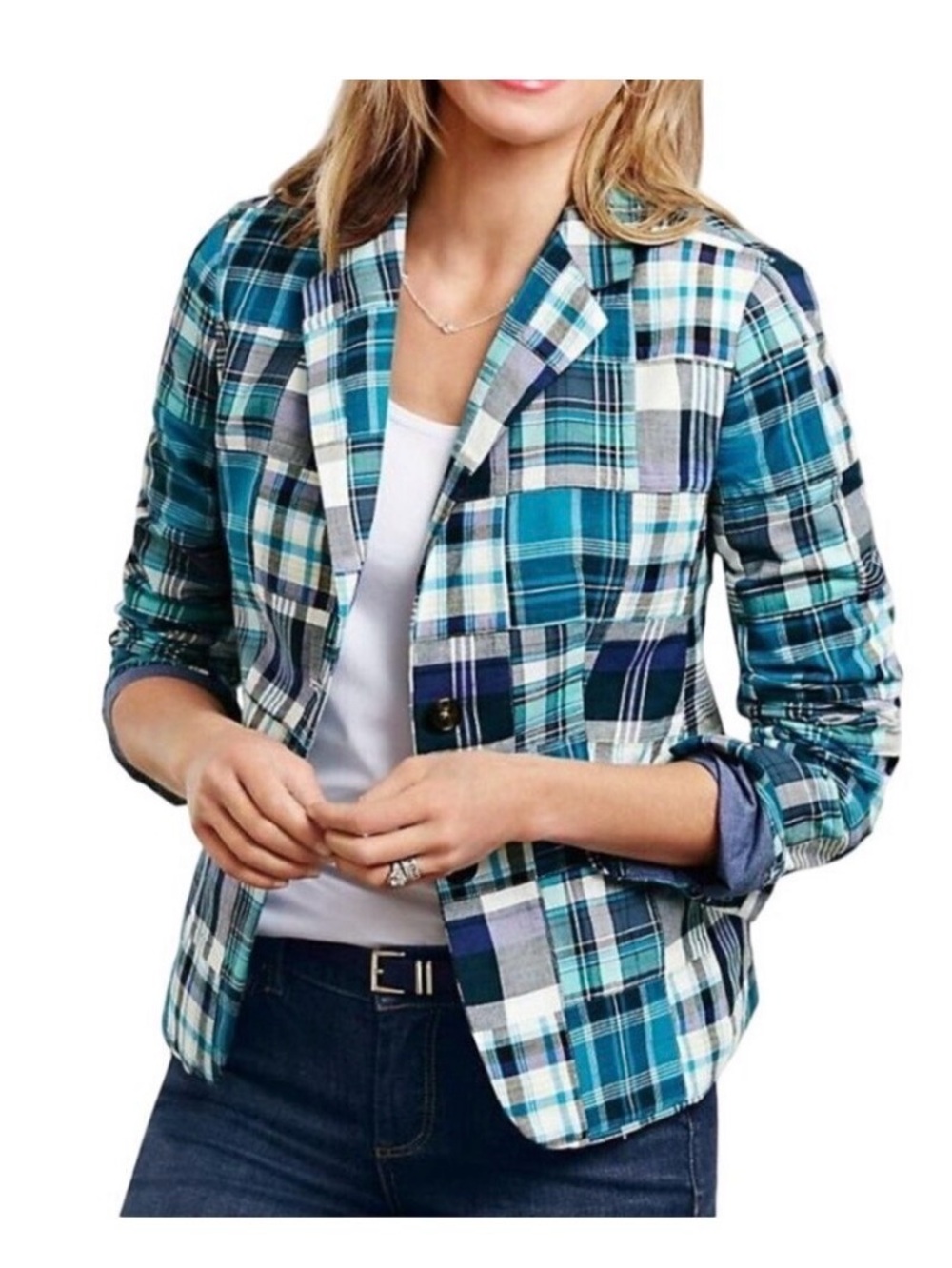 Talbots Blue Madras Plaid Cotton Blend Blazer Preppy Size 6